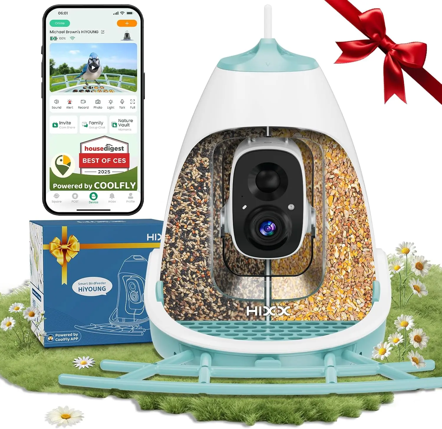 Smart Bird Feeder with Camera, Solar Powered K HD Bird Camera, Lifetime Free AI Identification ,+ Species, Dual Seed Chambers Backyard Bird House, Birding Gift