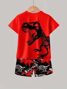Boys Fashion Dinosaur Pattern 3D Print Casual Short Sleeve T-Shirt Shorts Set, Outdoor Gym Shorts Set, Fitted Style