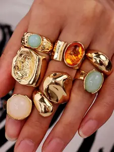 7pcs/set Vintage Luxury Geometric Design Jade Embedded Rings, Women's Thick Fashion Rings, Daily Wear & Party Jewelry Set, Gift Idea