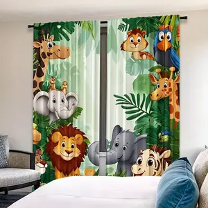 Cartoon Jungle Animal Print Window Curtain Set, 2-Piece Natural Style, Perfect for Kids Room Decor, Fun and Playful Design