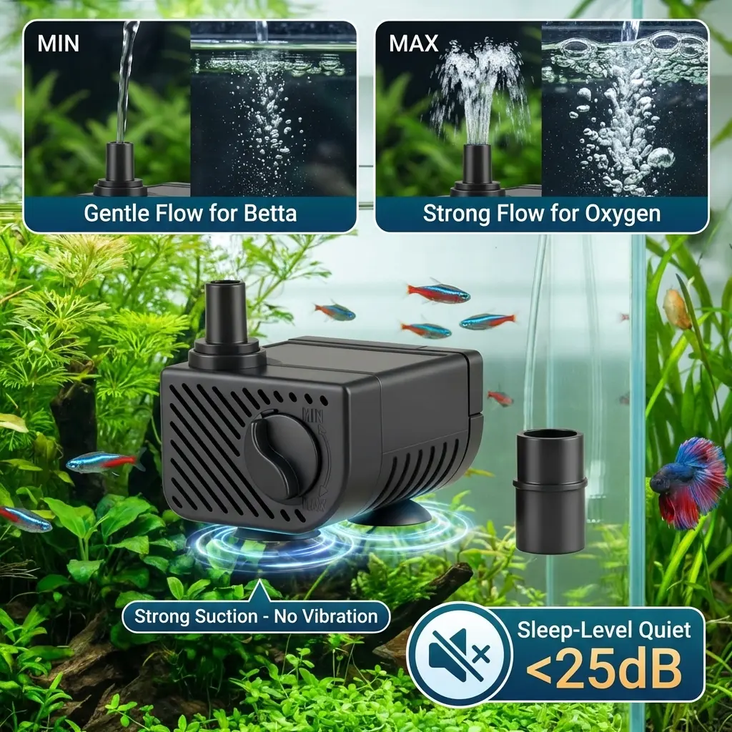 WaterRebirth Ultra Quiet Submersible Water Pump - Adjustable Flow for Betta Fish Tank & Nano Aquarium