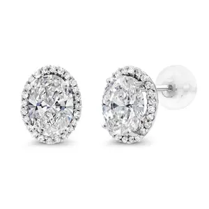 Gem Stone King 1.90 Cttw 10K White Gold Oval White lab Grown Diamond Halo Stud Earrings | DEF Color | VVS-VS Clarity | Oval 7X5MM | Gold Earrings For Women