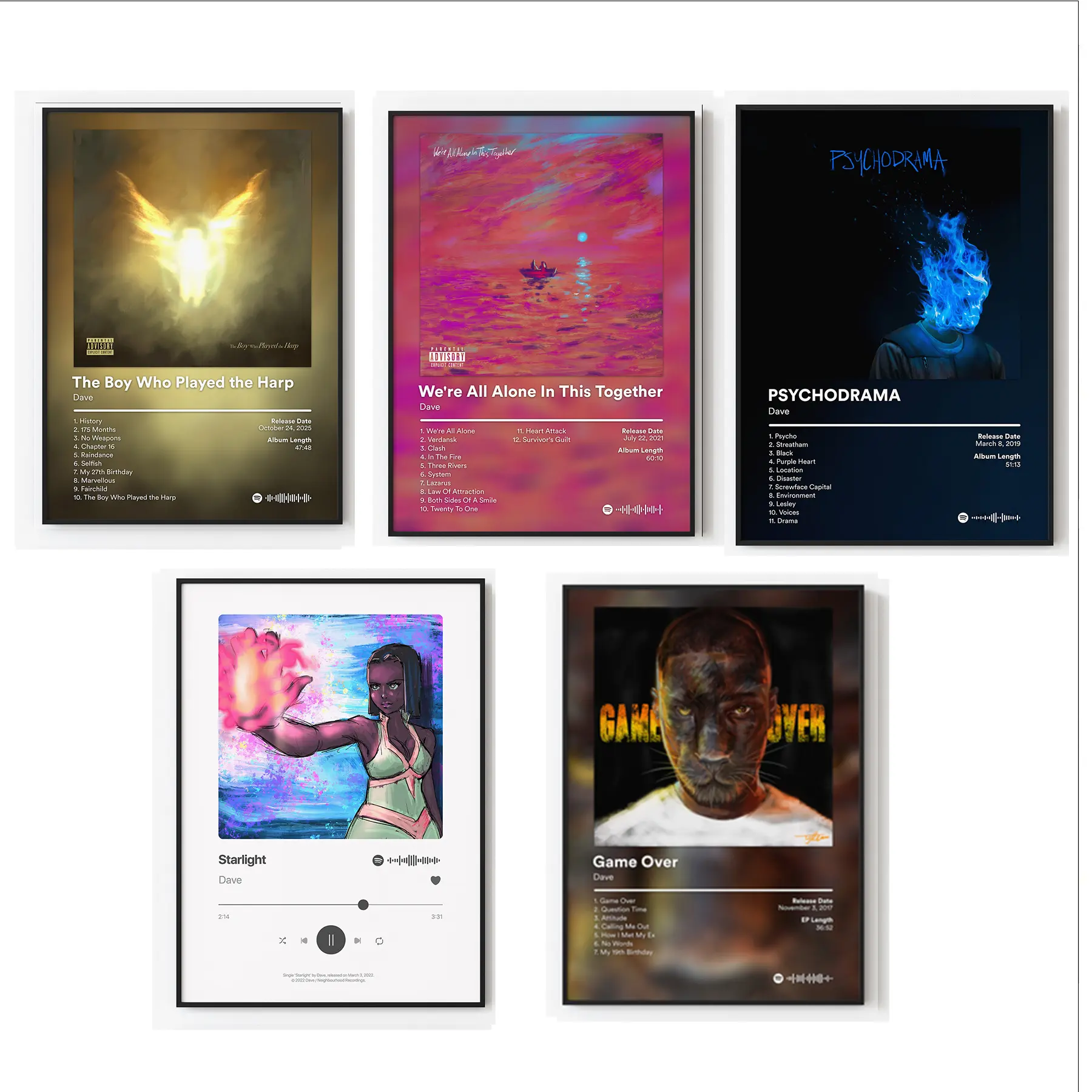 Set 5 Dave Album Cover Poster Wall Art HD Print Unframed Aesthetic Room Home House Modern Wall Decor Trendy Gift.