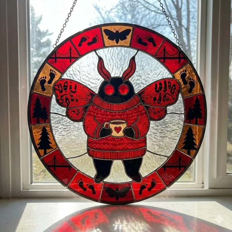 Mothman Stained Glass Suncatcher, Cryptid Window Hanging Decor, Mythical Creature Ornament, Gothic Paranormal Gift, Halloween Decor