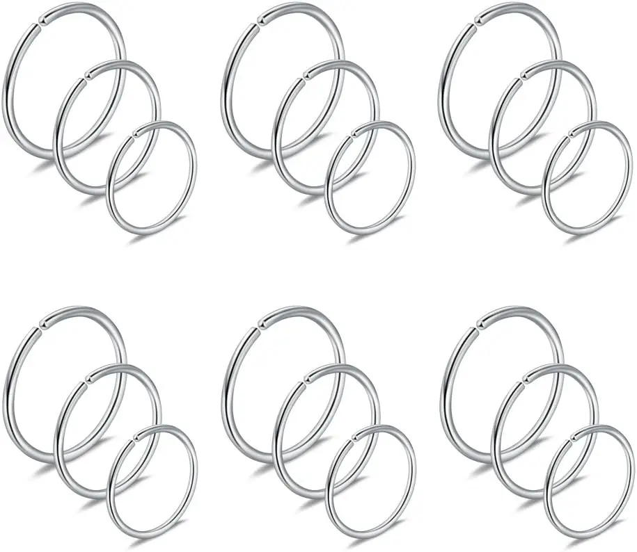 18 count Mix Size Stainless Steel Clip on  Nose Lip Helix Cartilage Tragus Ear Hoop Ring 22G 20G 18G 6-10mm