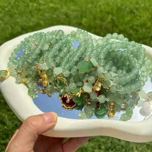 20Pcs Bohemian Handmade Green Glass Elastic Bracelets Set - With Butterfly Flower Safe Buckle Pendants, Perfect For Daily Wear, Holiday Parties And Anniversaries