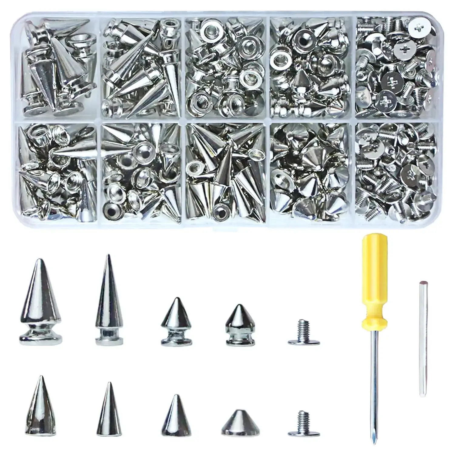Assorted Styles 354 Sets Screw Back Studs and Spikes Kit with Tools Silver Leather Craft Rivets Bullet Cone for Leathercraft, Punk Clothing DIY Accessories