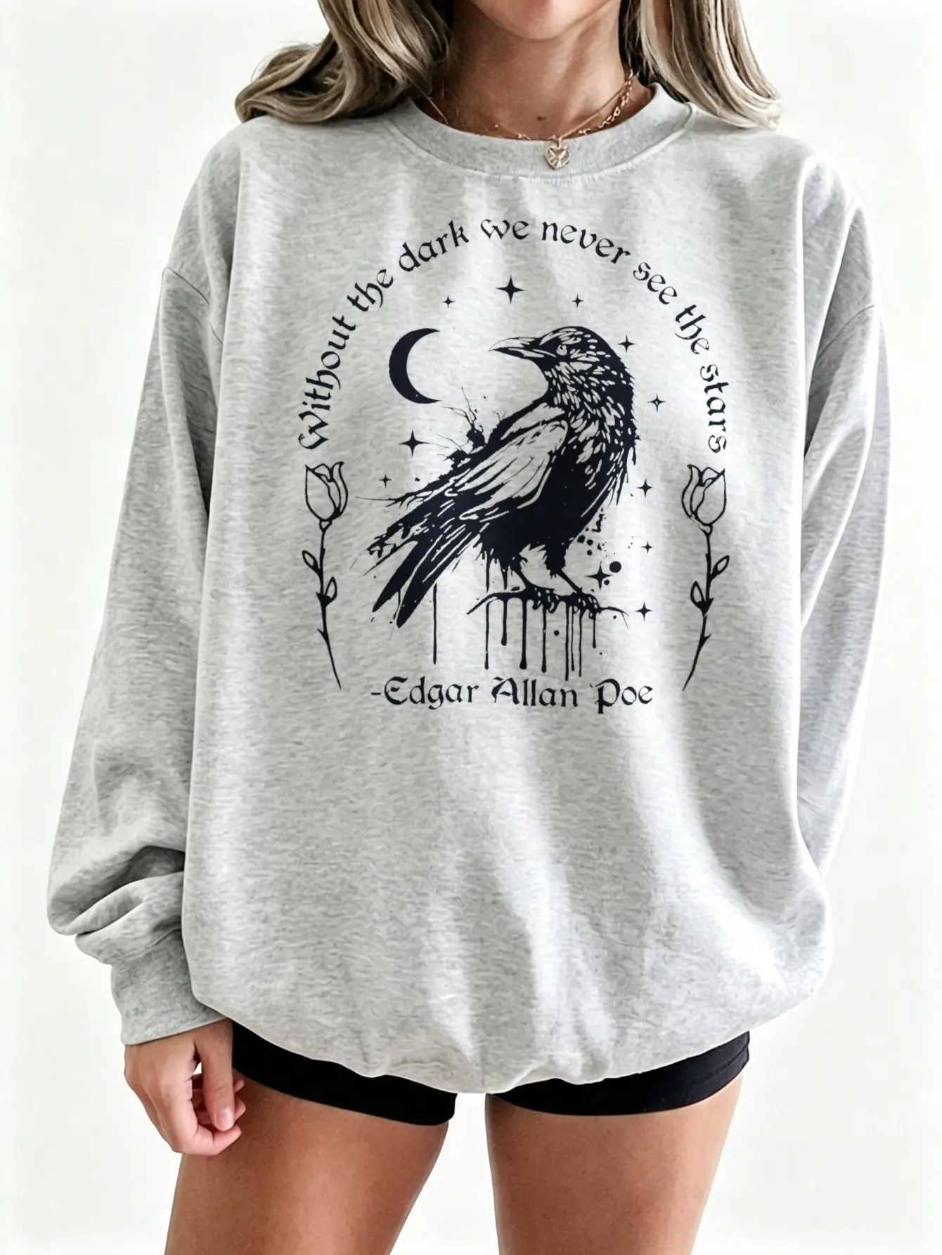 Women's Edgar Allan Poe Raven Crewneck Sweatshirt - Halloween Costume, Dark Academia Gothic Quote Gildan Top, Vintage Crow & Celestial Moon Graphic, Alt Clothes, Whimsical Gifts, Goth Witchy Literature Hoodie for Women
