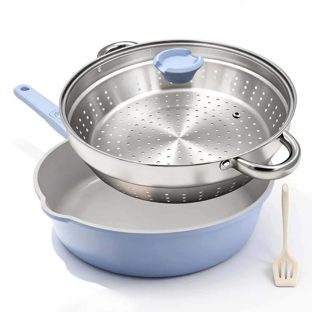 WENZHUO 4pcs Deep Saute Pan Set with 5QT 12 Inch Blue Ceramic Nonstick Oven Safe Deep Frying Pan and Lid, PTFE & PFAS-Free, 4pcs Set includes Steamer, Spatula