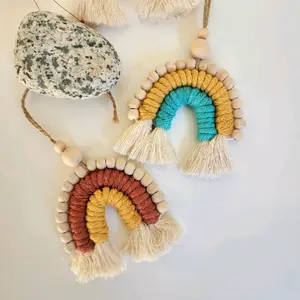 Macrame Rainbow Car Charm / Natural Oil Diffuser with wooden beads for Aromatherapy, Car Rearview Mirror Decor