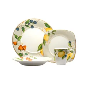 212 MAIN FP005-016 16-Piece Porcelain Dinnerware Set - Square Shape, Oven-Safe, Includes Bowl, Plate, Mug, Ideal for Fruit Salad