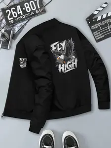 Men's Fitted Zipper Jacket with Eagle Print Stand Collar, Ribbed Cuffs, Polyester, Casual Streetwear for Fall & Winter, Casual Fitted Jackets