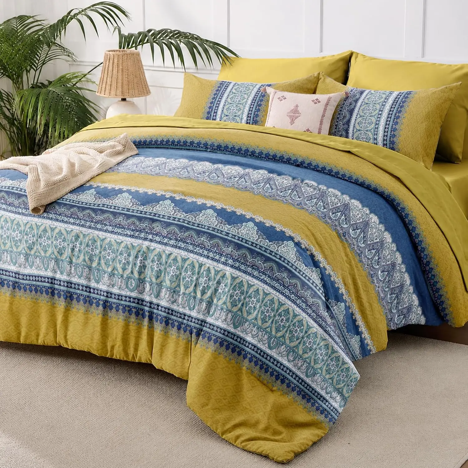 JOLLYVOGUE Queen Comforter Set 7-Piece, Boho Bed in a Bag, Mustard Yellow | Printed Bedding Set, All-season, Double Brushed, Ultra-Soft Microfiber, Down-alterniative, OEKO Certified