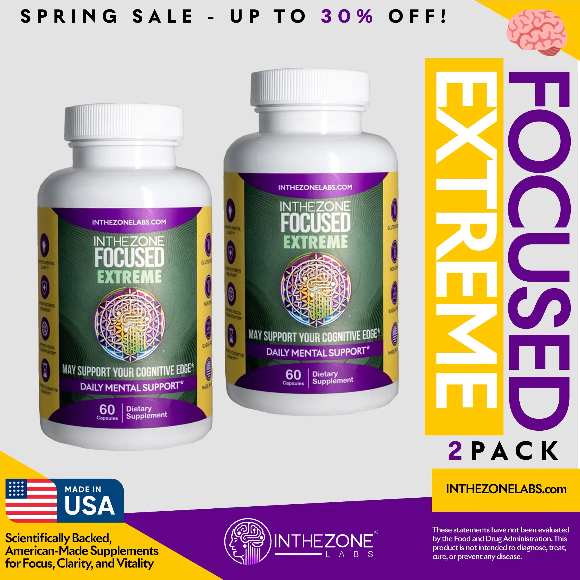 InTheZone Focus Extreme 2 Pack – Premium Nootropic & Nutraceutical for Unstoppable Clarity & Energy (60 Capsules)”