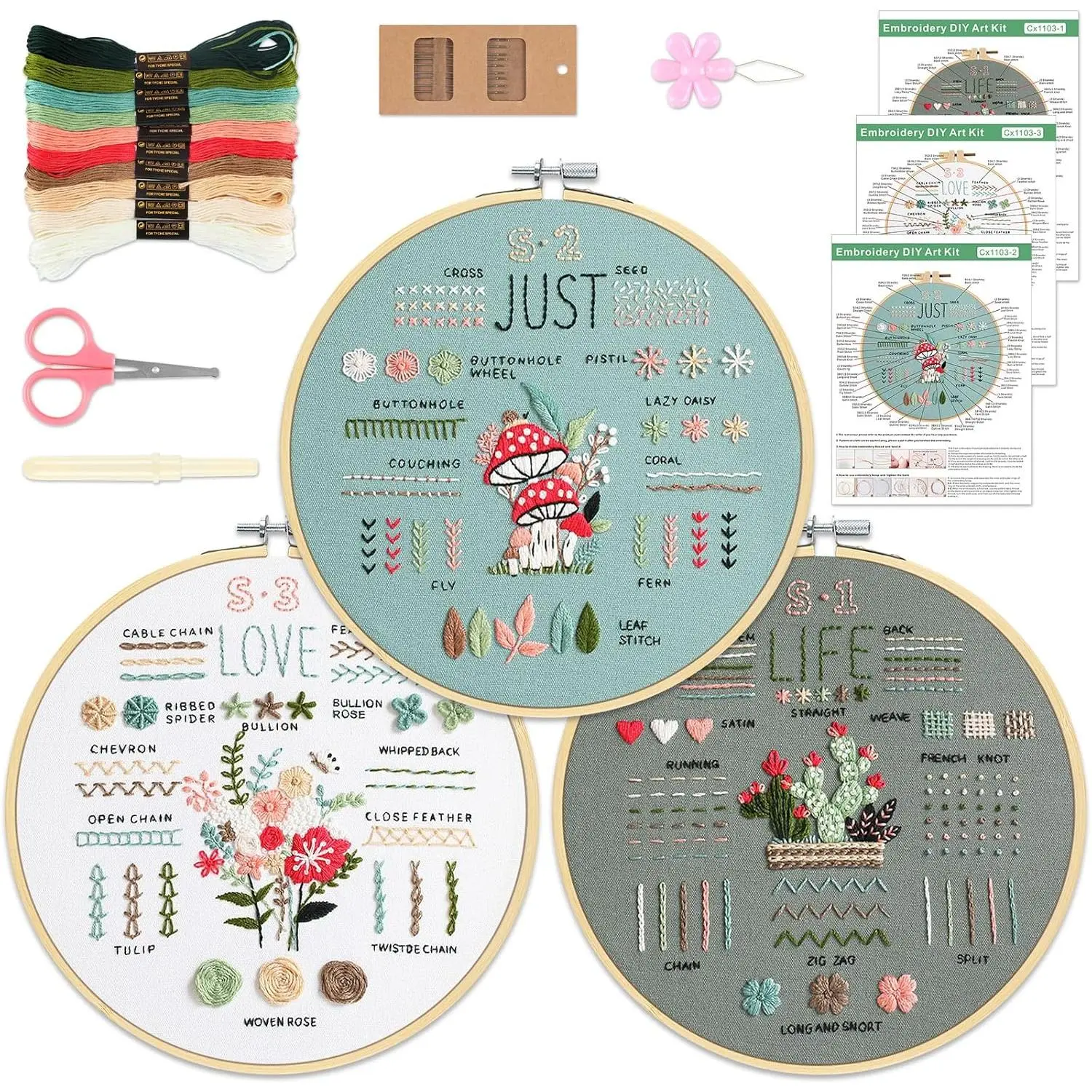 3 Sets Embroidery Kit for Beginners to Learn 36 Basic Embroidery Stitches Practice Kit,Hand Embroidery Cross Stitch Kits for Beginners with Embroidery Patterns, Hoop,Threads,Tools