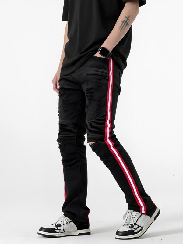 Men's Black and Red Side Stripe Ripped Slim Fit Motorcycle Jeans Trendy Edgy Design Outfits for Motorcycle Riders levis 527 size  12  jeans Embroidered Camouflage Double Waist Shorts clogs  shoes  outfit ed hardy Stretch Cargo party  outfits  mid  rise  c