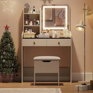 Gaomon Women's Small Makeup Vanity Desk Set - LED Light Mirror, Charging Station, 2 Drawers, Storage Stool, Easy Setup, Two Drawers