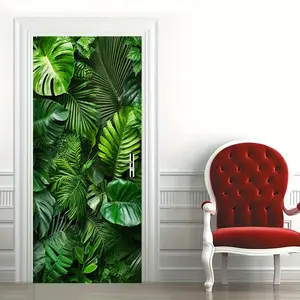 Tropical Monsoon Palm Leaf Pattern Door Sticker, PVC Self-Adhesive Removable Plant Wall Sticker, Home Decoration for Living Room Bedroom Bathroom, Ornaments