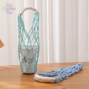 2-Piece Handwoven Cotton Cup Holder, Portable Macrame Drink Carrier for Coffee, Bubble Tea & Water Bottles, Reusable Mesh Cup Bag for Travel & Outings