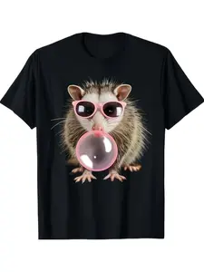 Fun Opossum Graphic T-Shirt - Casual Short Sleeve Round Neck Tee with Pink Opossum & Bubble Gum Artwork, Black Shirt for Casual Attire, Machine Washable, Unique Gift for s