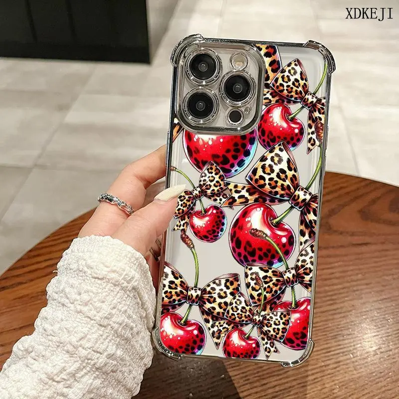 Leopard print bow cherry Pattern Four Comers Air Cushion phone case Suitable for iPhone 17 Air 16 15 14 13 12 11 Pro Max Plus electroplated anti drop case Screen Protector Protection Protective Cover Smartphone Casing Cellphone Shockproof