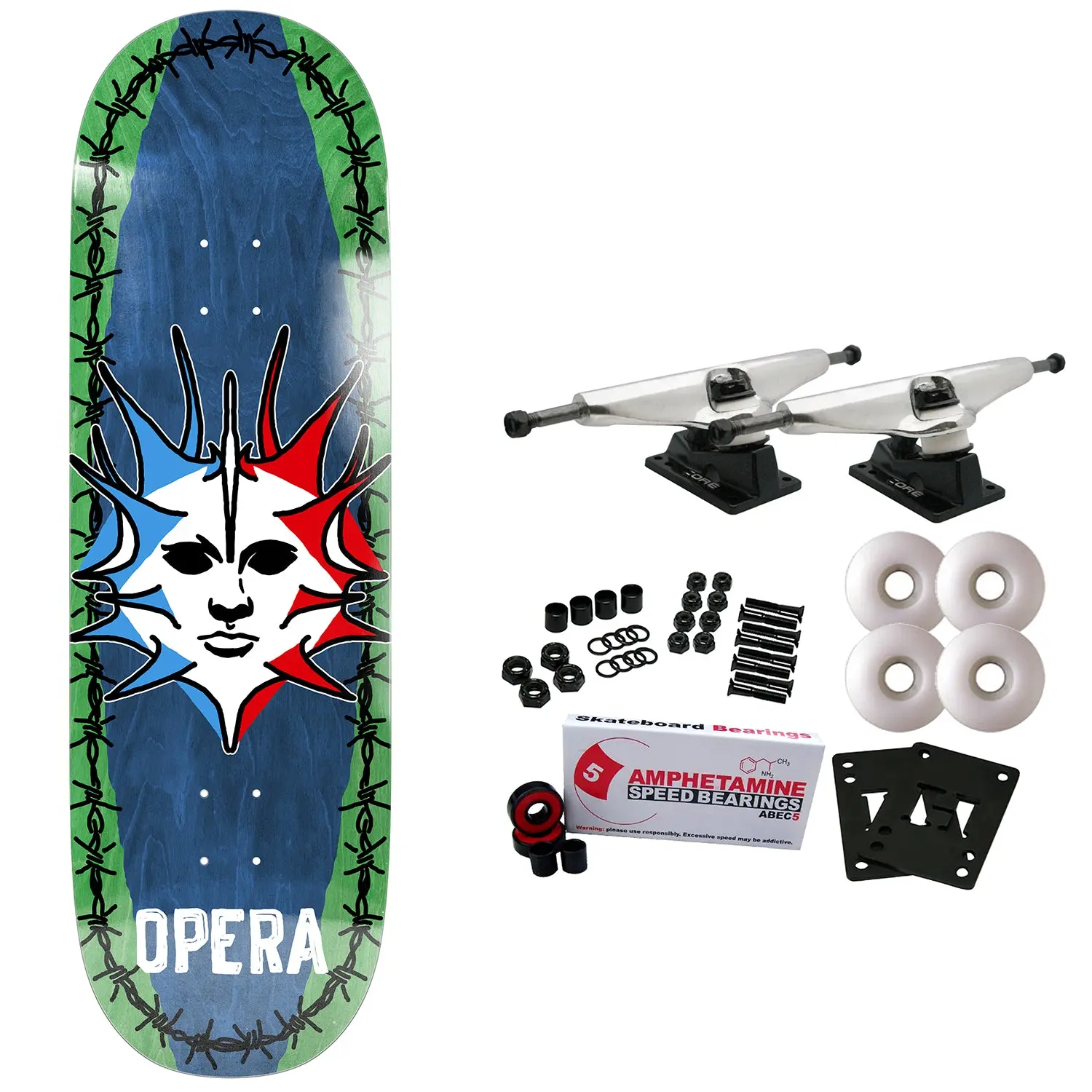 Opera Skateboard Complete Fatties Torn Spike Blue/Green 10" x 31.85"