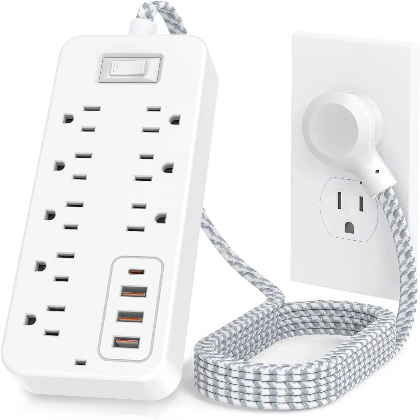 Wired 12-in-1 Wall Mount Power Strip Surge Protector, 8 AC Outlets, 4 USB Ports, 900J Overload Protection, 4 FT Braided Cord, Flat Plug, Mounting Holes to Organize Home Office Devices, Electrical Accessories,