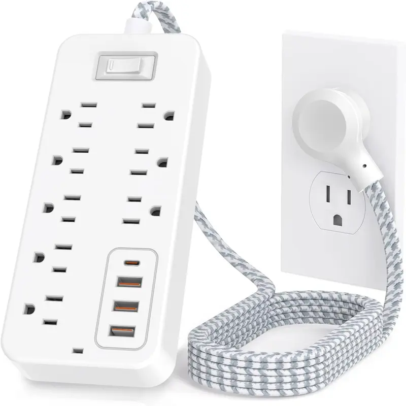 Compact 12-in-1 Unit Wall Mount Power Strip Surge Protector, 8 AC Outlets, 4 USB Ports, 900J Overload Protection, 4 FT Braided Copper Wire Extension Cord, Flat Plug, Mounting Holes for Home Office Organization toolupgrade