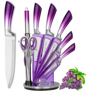 Purple Professional 9-Piece Kitchen Knife Set with Acrylic Block - Non Stick Sharp Stainless Steel Chef Knives with Sharpener