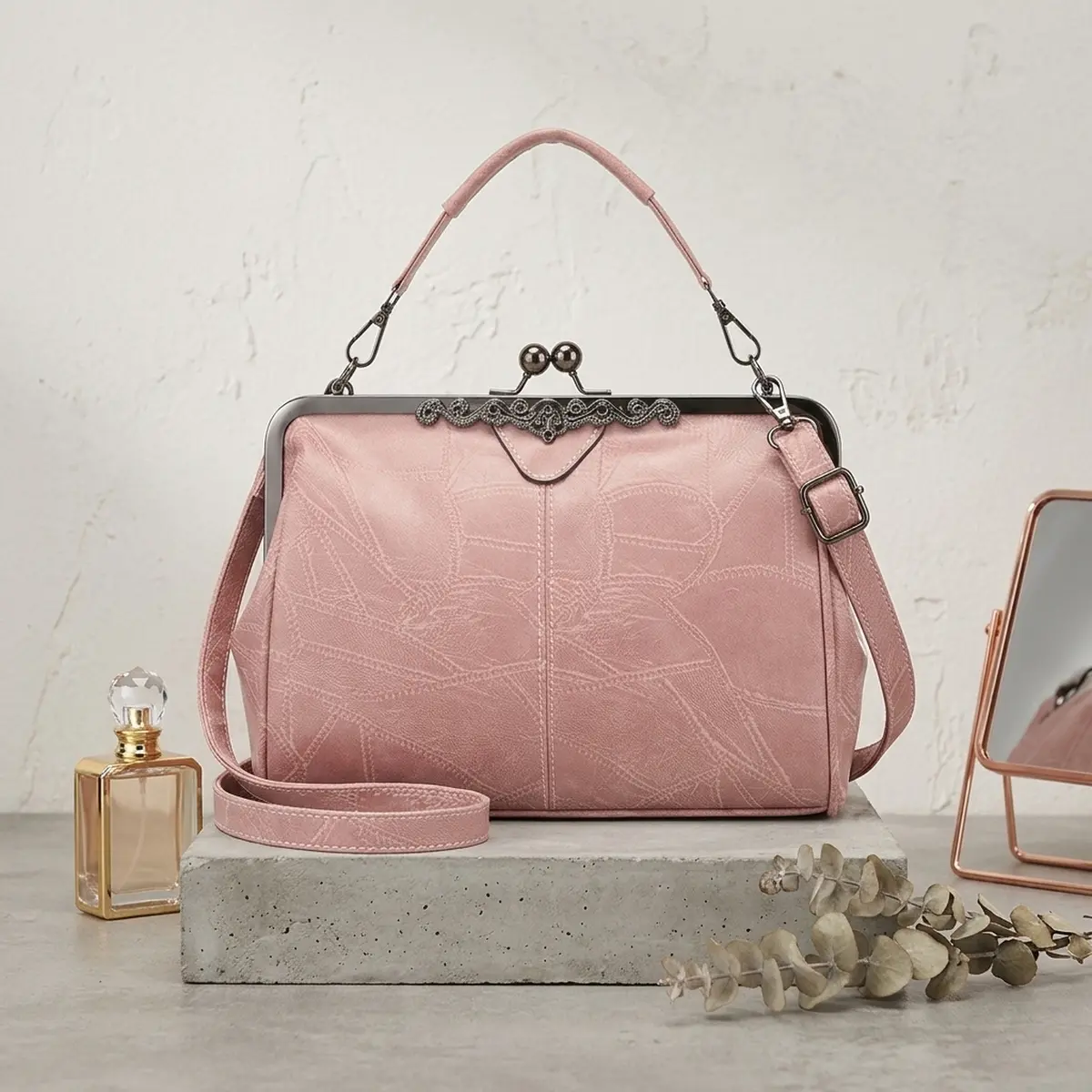 Women's Vintage Satchel - PU Leather Top-Handle Crossbody Bag with Elegant Retro Kiss-Lock Closure, Vintage Fashion Bags for Daily Use, Casual Crossbody Bags, Crossbody Purses Bag