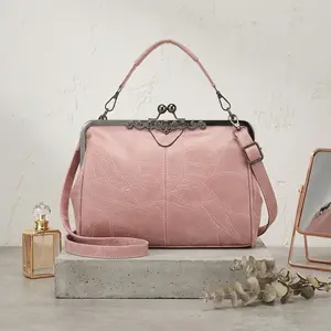 Women's Vintage Top Handle Crossbody Bag PU Leather Handbag with Kiss Lock Closure for Daily Use and Mother's Day Present