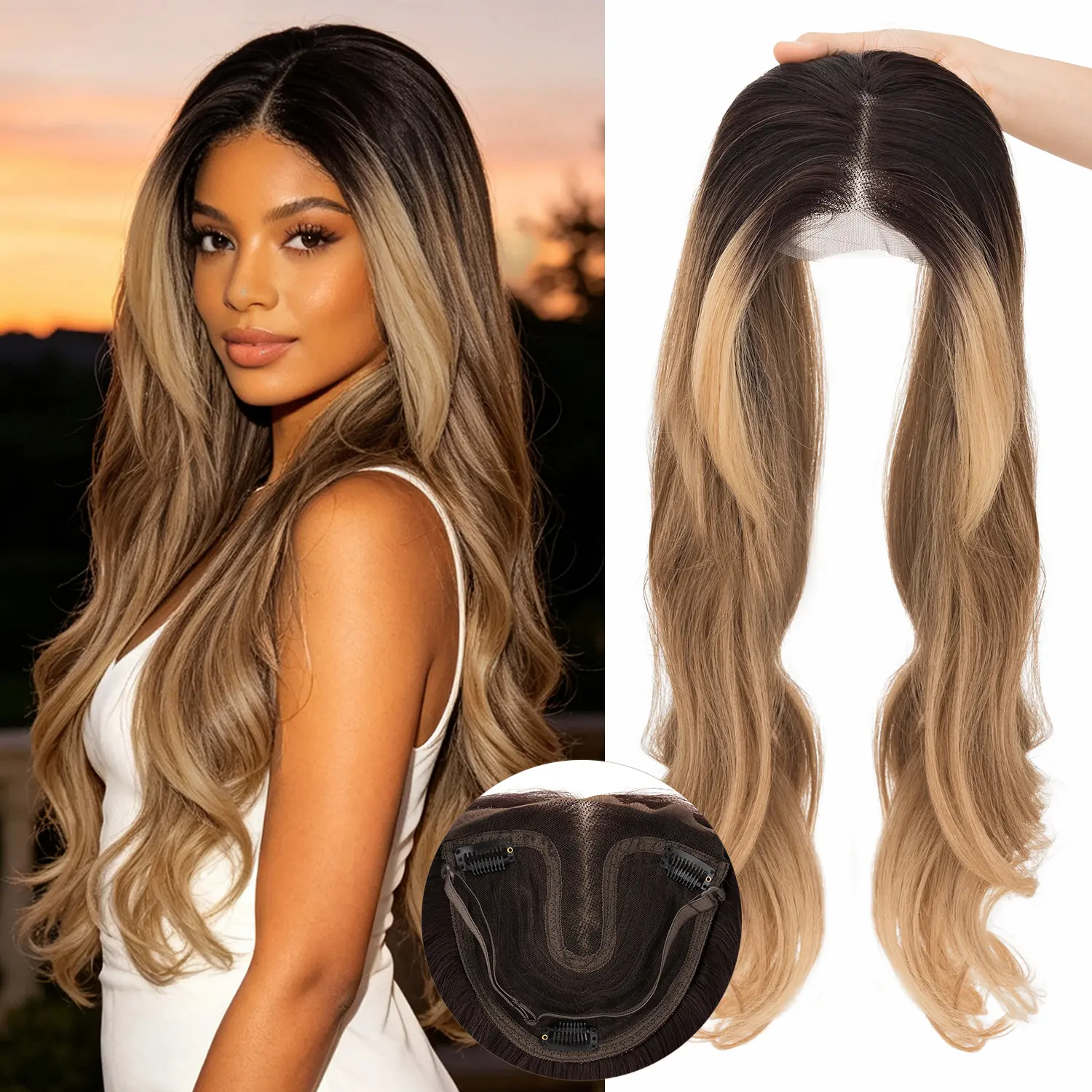 Women's Synthetic Fiber Hair Topper - 6x6 In Large Base Clip-In, 24 In Heat-Resistant Wispy Bangs for Thinning Hair, Adjustable Wavy Texture for Daily Wear