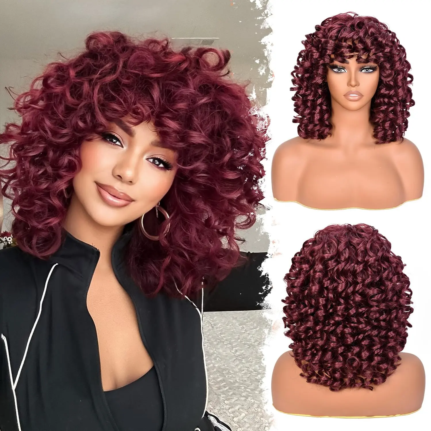 Black Women's 14in Wine Red Loose Curly Hair Wig with Bangs, Glueless Heat-Resistant Chemical Fiber Synthetic Full Machine Fluffy Wig That Keeps Curls Bouncy for Daily & Cosplay Use