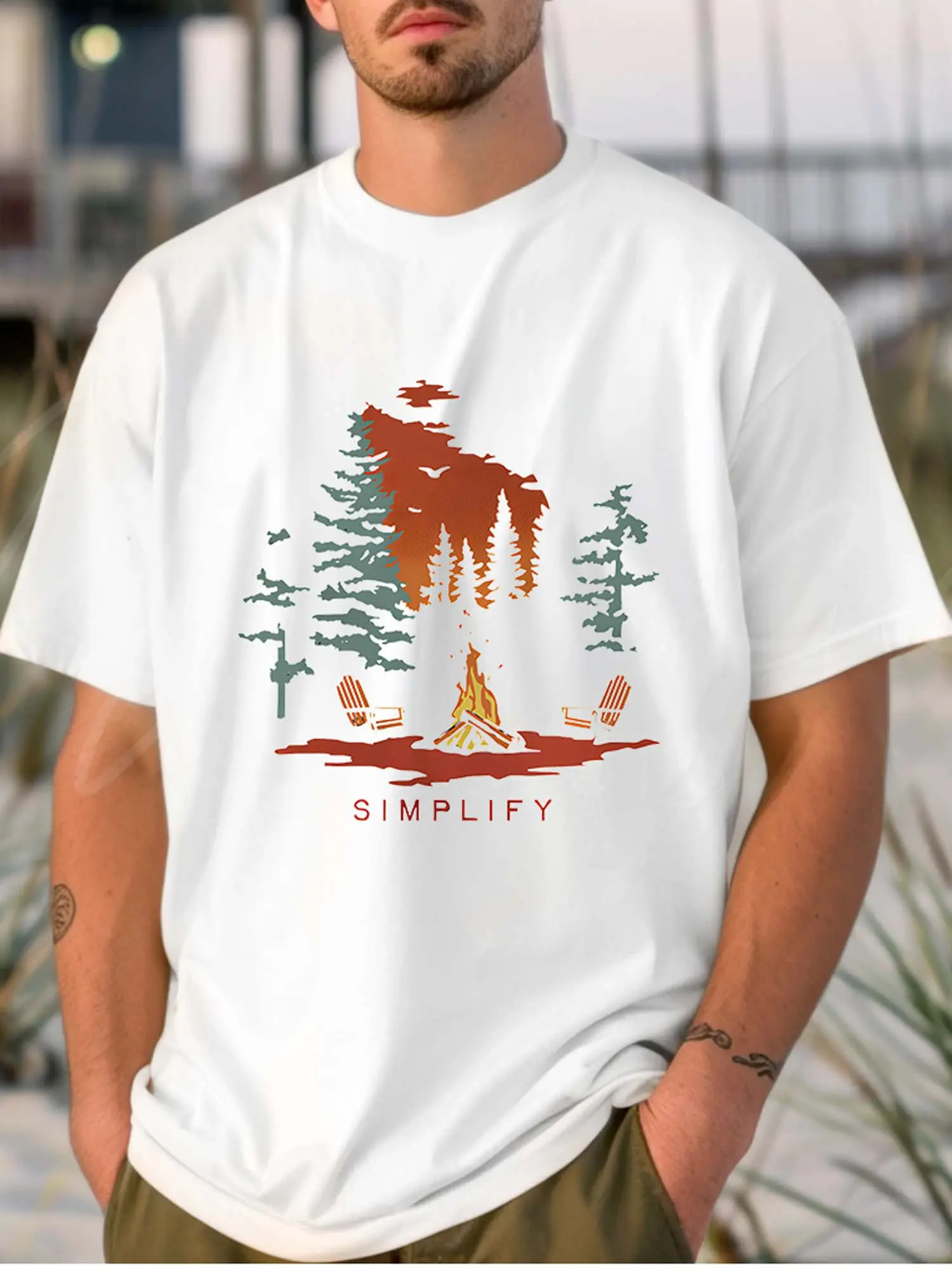 Men's White Pure - Cotton T - shirt_ Campfire and unisex soft cotton short sleeve t shirt, vintage graphic casual tee for men women teens, perfect birthday holiday gift for camping travel gym daily street  wear