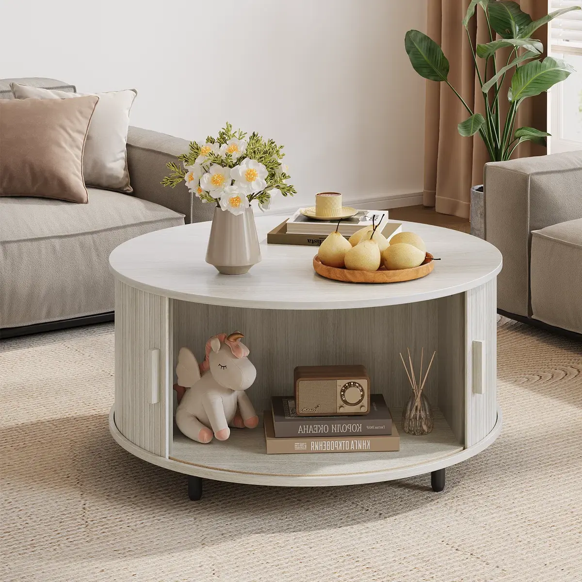 【SummerFinds】ONBRILL Round Mid-Century Living Room Coffee Table with Storage, 31.5" Modern Furniture, 360° Curved Sliding Door, Fluted Wood Finish, Anti-Slip Adjustable Footpads, Multifunctional Console & Tea Table for Living Spaces