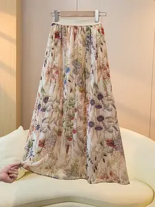 Elegant Floral Pleated Long Dress for Women, Colorful Floral Pattern, High Waist Design, Flowy Style, Aesthetic, Suitable for All Seasons