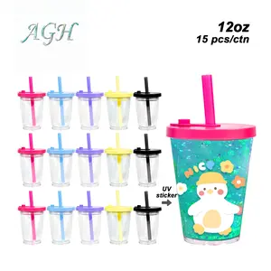AGH 15pcs 12oz Leak-Proof Kids Double Wall Acrylic Tumblers with Color Lids Snow Globe Plastic Cup for DIY Gift Drinkware Bottle