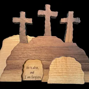 Church Decor Three Cross Spiritual Easter Resurrection Scene Decoration Shelf Display with "He is Alive, I am Forgiven" Card - Religious, Ornaments
