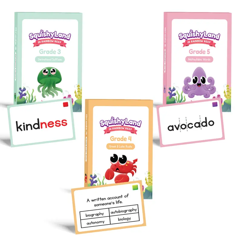 Squishyland Expansion Card Packs - Advanced Reading Skills for Kids, Grades 3-5, Derivational Suffixes, Greek & Latin Roots, Multisyllabic Decoding