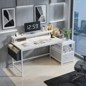56.5 Inch Computer Desk with File Drawers and Storage Cabinet, Home Office Study Writing Gaming Desk with Power Outlets, Monitor Stand & Open Shelves, Work Table with Printer Storage Space