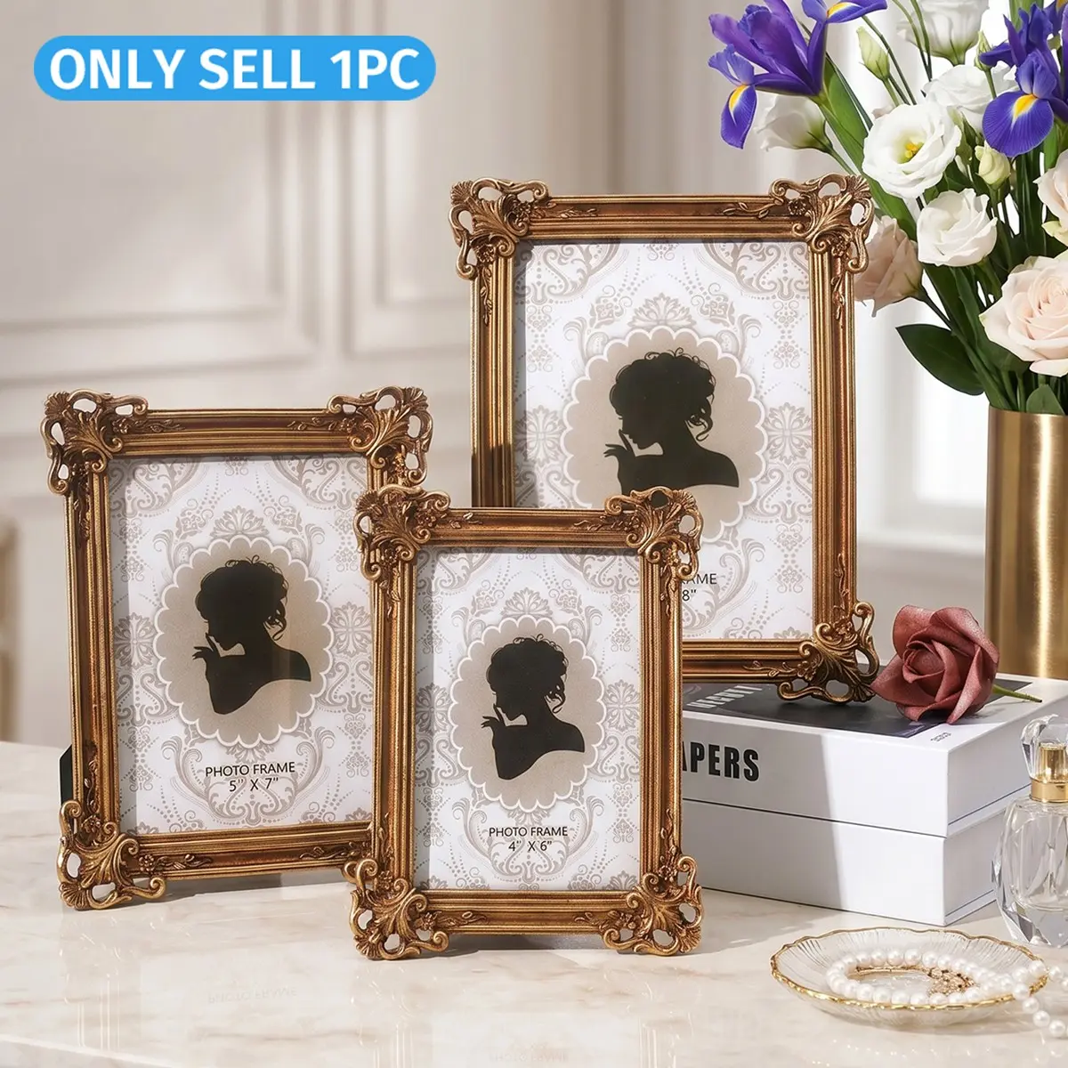 European Luxury Vintage Gold Leaf Embossed Photo Frame, Resin Material, French Court Style, Desktop Decor, Home Gift, Party Decoration, Ornament Picture Frames