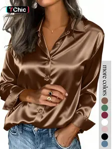 Women's solid color satin button-down long-sleeved casual Fitted shirt, made of fashionable silk fabric, suitable for casual office wear and commuting, and appropriate for both spring and autumn.
