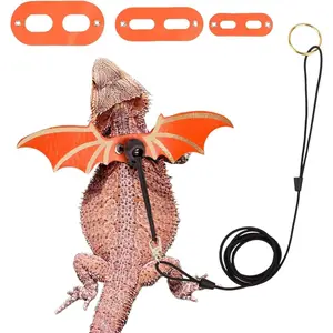 3 Pc Set Leash and Harness for Bearded Dragons - 3 Size Adjustable Cool Leather Lizard Harness with Wings for Reptile Safety Walking Accessories Orange
