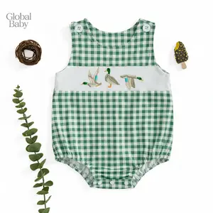 Global Baby First Birthday Romper Loose Fit Stylish Goose Letter Embroidered Plaid Crew Neck Sleeveless Infant Jumpsuit