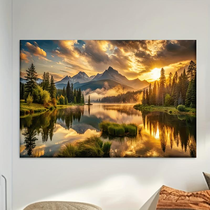 Wooden Framed Canvas Painting Wall Art1 piece of wooden framed canvas wall art Calm Lake and Mountain landscape Abstract painting, suitable for living room, office, bar, library, cafe decoration Mother's Day Wrapped in canvas