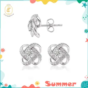 Moissanite Love Knot Stud Earrings Silver-Plated Flower Windmill Studs Jewelry Birthday Valentine's Day Wedding Engagement Anniversary Gift Daily Wear