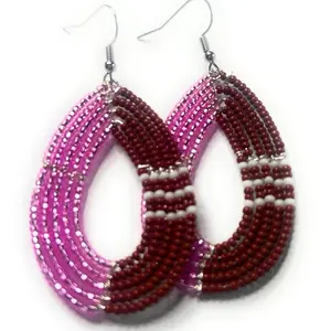 Alili Bold Accessories Handmade Seed Beaded Pink and Brown Football Dangle Earrings - Cancer Awareness, Chic Style Female Earrings for Women
