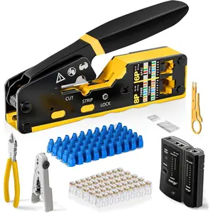 Ethernet Crimping Tool Kit RJ45 Crimp Tools,CAT5 Cat5e Cat6 RJ45 Crimping Tool Kit With Cable Tester, Multiply Stripper, Blades,50Pcs Cat 6 Pass Through Connectors and Strain Relief Boots
