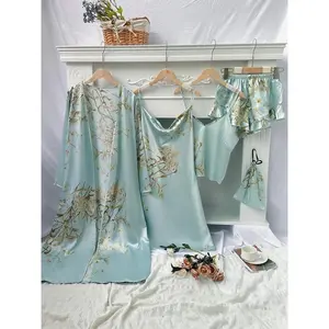 Five-piece Set Women's Floral Print Satin Pajama Set, Elegant Belted Robe & Cowl Neck Cami Dress & Camisole & Ruffle Shorts & Bag, Pajama Sets Women, Women's Clothes, Women's Homewear for All Seasons