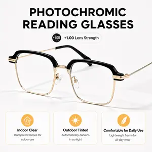 Photochromic Reading Glasses +1.00 for Men Women, Anti Blue Light UV Protection Readers, Black Gold Lightweight Eyeglasses for Work Travel Daily Wear, SummerVibes